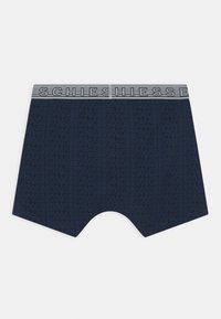 Marinefarbene Boxershorts mit einem strukturierten Muster des Wortes "BREAK" in dunklerem Blau. Mit einem grauen elastischen Bund mit Markenlogo.