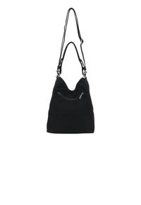 Zwarte suede hobo tas met een slappe vorm, verstelbare dubbele schouderband en een voorkant ritssluiting voor extra opbergruimte.
