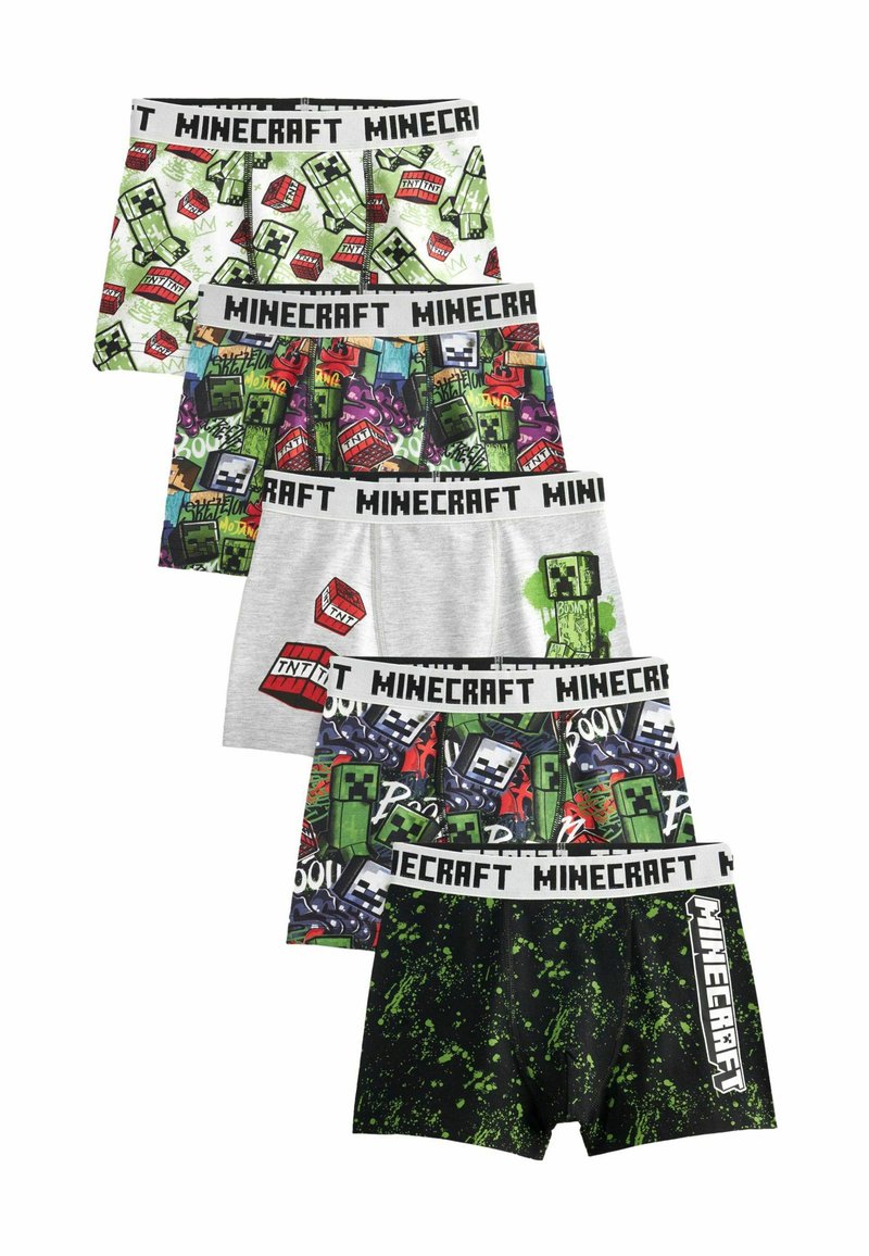 Cinq paires de boxers sur le thème de Minecraft, présentant diverses couleurs et motifs, avec des bandes élastiques noires portant le texte "Minecraft".