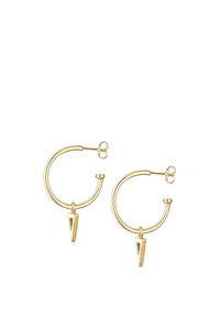 Guld hoops øreringe med et glat, afrundet design, der har en spids accent hængende fra hver hoop. Enkel, minimalistisk æstetik.