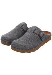 Zoccoli grigi in feltro con una fibbia nera regolabile, suola in sughero e parte superiore testurizzata. Design slip-on con punta arrotondata e costruzione robusta.