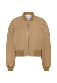 Tannfarbene Bomberjacke mit durchgehendem Reißverschluss, geripptem Kragen, Bündchen und Saum sowie zwei seitlichen Taschen.