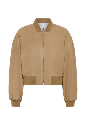 Tannfarbene Bomberjacke mit durchgehendem Reißverschluss, geripptem Kragen, Bündchen und Saum sowie zwei seitlichen Taschen.