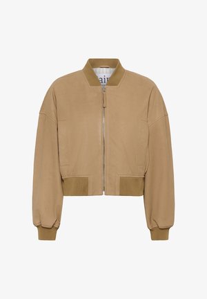 Veste bomber beige avec fermeture éclair sur le devant, col, poignets et ourlet côtelés, et deux poches latérales.