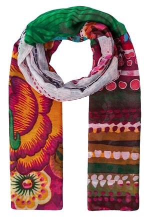 Lightweight scarf folded, featuring bold floral and abstract patterns in green, orange, pink, red, and white colors.
