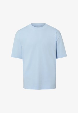 Hellblaues Baumwoll-T-Shirt mit rundem Ausschnitt, kurzen Ärmeln und lockerem Sitz. Glatte Textur ohne sichtbare Muster oder Grafiken.