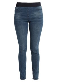 Mörkblå skinny jeans med elastisk svart midja, framfickor och en lätt urtvättad struktur på låren.