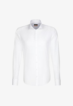 Weißes Langarmhemd aus glattem Stoff, mit klassischem Kragen und durchgehender Knopfleiste, mit Ein-Knopf-Manschetten und ohne Muster.
