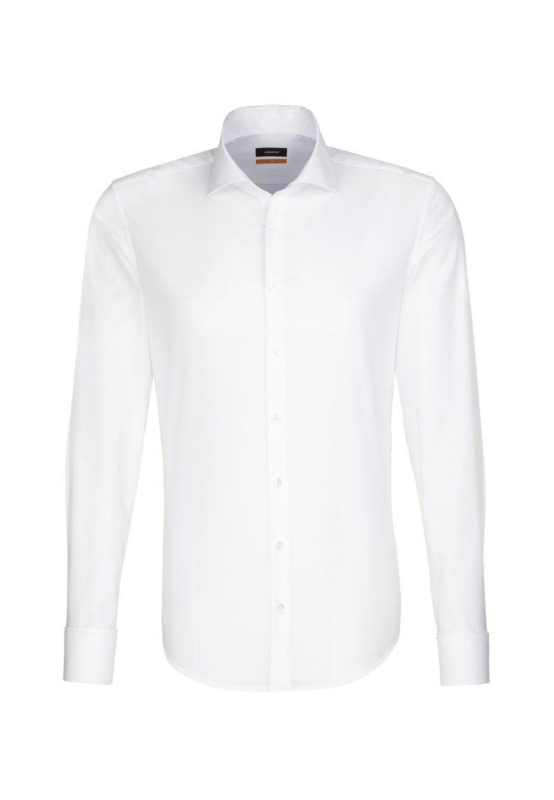 Vit långärmad skjorta i slät tyg, med klassisk krage och knappslå fram, med enkelknapps manschetter och utan mönster.