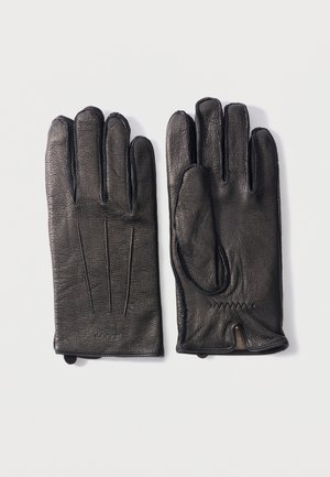 Pair of black leather gloves laid flat, showing front and back views with stitched detailing and a small wrist slit.