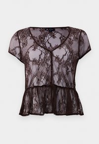 Bruine kanten blouse met korte mouwen, V-hals, bloemenpatroon en een peplumzoom. Voorzien van decoratieve knopen aan de voorkant.