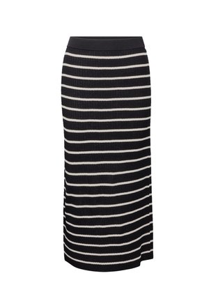 Jupe midi tricotée à rayures horizontales noir et blanc, silhouette droite et taille élastique.
