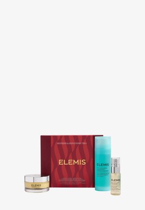 Set Elemis Refresh and Replenish Trio avec baume nettoyant Pro-Collagen, nettoyant marin en flacon bleu et spray tonique.