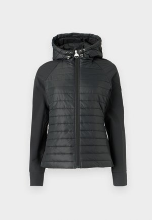 Black puffer jacket with a fitted hood, featuring quilted texture on the front, smooth sleeves, and a front zipper closure.