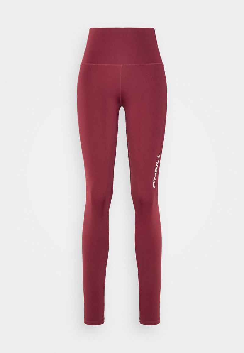 Bordeauxfarbene Leggings mit hohem Bund, aus dehnbarem Material. Verfügt über ein weißes Logo an der äußeren Oberschenkelpartie und ein glattes, figurschmeichelndes Design.