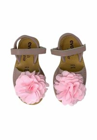 Sandali in pelle marrone con fiori in tessuto rosa sulla parte anteriore, cinturini regolabili e soletta testurizzata. Dimensione per bambini.