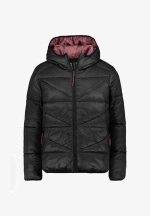 Black puffer jacket with a textured surface, hood, and pink lining. Features a front zipper and side pockets with colored accents.