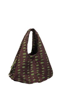 Brązowa torba materiałowa z zielonymi owalnymi wzorami, oferująca przestronną konstrukcję i regulowany pasek, z zamkiem błyskawicznym i zapięciem na brelok.