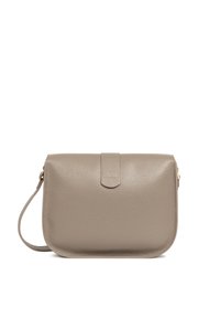 Borsa a tracolla grigia in pelle con superficie texturizzata, bordi arrotondati e chiusura a flap. Caratterizzata da una tracolla sottile e regolabile e dettagli dorati.