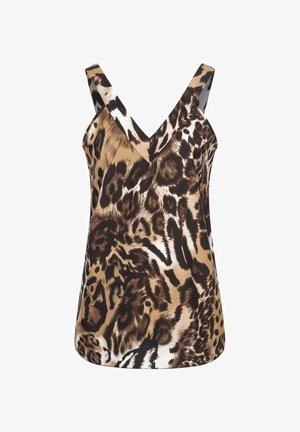 Camisole met luipaardprint, met een V-hals, dunne bandjes en een gladde, glanzende stof in tinten bruin, beige en zwart.