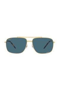 Occhiali da sole con una montatura in metallo dorato, lenti quadrate e lenti con tinta blu. Comprendono supporti nasali trasparenti e un design distintivo della barra sopraccigliare.