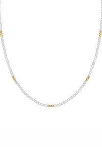 Collana di perle bianche con perle d'accento dorate, caratterizzata da un design liscio e arrotondato e una texture delicata. Lunghezza e disposizione sono uniformi.