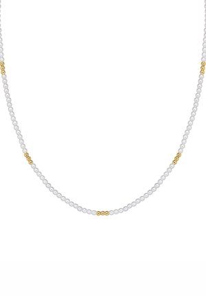 Weiße Perlenkette mit goldenen Akzentperlen, die ein glattes, abgerundetes Design und eine zarte Textur aufweist. Länge und Anordnung sind gleichmäßig.