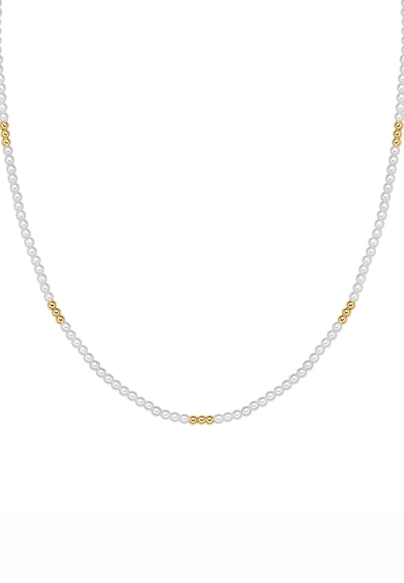Collana di perle bianche con perle d'accento dorate, caratterizzata da un design liscio e arrotondato e una texture delicata. Lunghezza e disposizione sono uniformi.