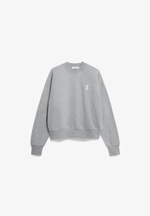Felpa grigia chiara con girocollo, maniche lunghe e piccolo logo a forma di fiocco bianco sul petto a sinistra.