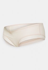 Intimo da donna beige con finitura liscia e design incrociato. Presenta una cintura morbida e un bordo ondulato lungo i lati.