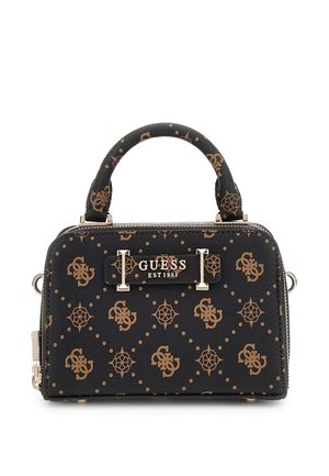 Borsa sintetica nera con hardware dorato, superficie texturizzata e stampa del logo marrone. Presenta un manico superiore e chiusura con zip.