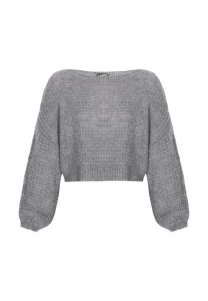 Grauer gestrickter kurzer Pullover mit langen Puffärmeln sowie gerippten Bündchen und Saum, auf einem weißen Hintergrund präsentiert.