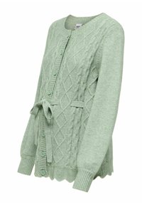Zelena bundeča v mint barvi z teksturiranim diamantnim vzorcem, akcenti kabelskega pletenja, rebrastimi manžetami in zavezanim pasom. Pet gumbov za zapiranje spredaj.