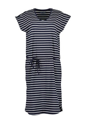 Marineblauw en wit gestreepte casual jurk met korte mouwen, V-hals, koord in de taille en openingen aan de zijkanten. Gemaakt van zachte stof.