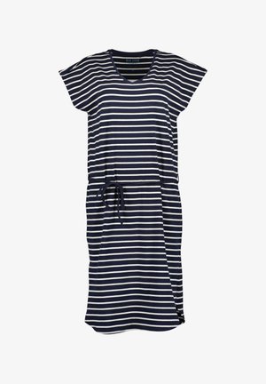 Marineblauw en wit gestreepte casual jurk met korte mouwen, V-hals, koord in de taille en openingen aan de zijkanten. Gemaakt van zachte stof.