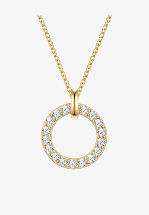 Arany nyaklánc, amelyen egy kör alakú medál található, amelyet tiszta, fazettált kövek díszítenek a külső széleken, láncról függ.