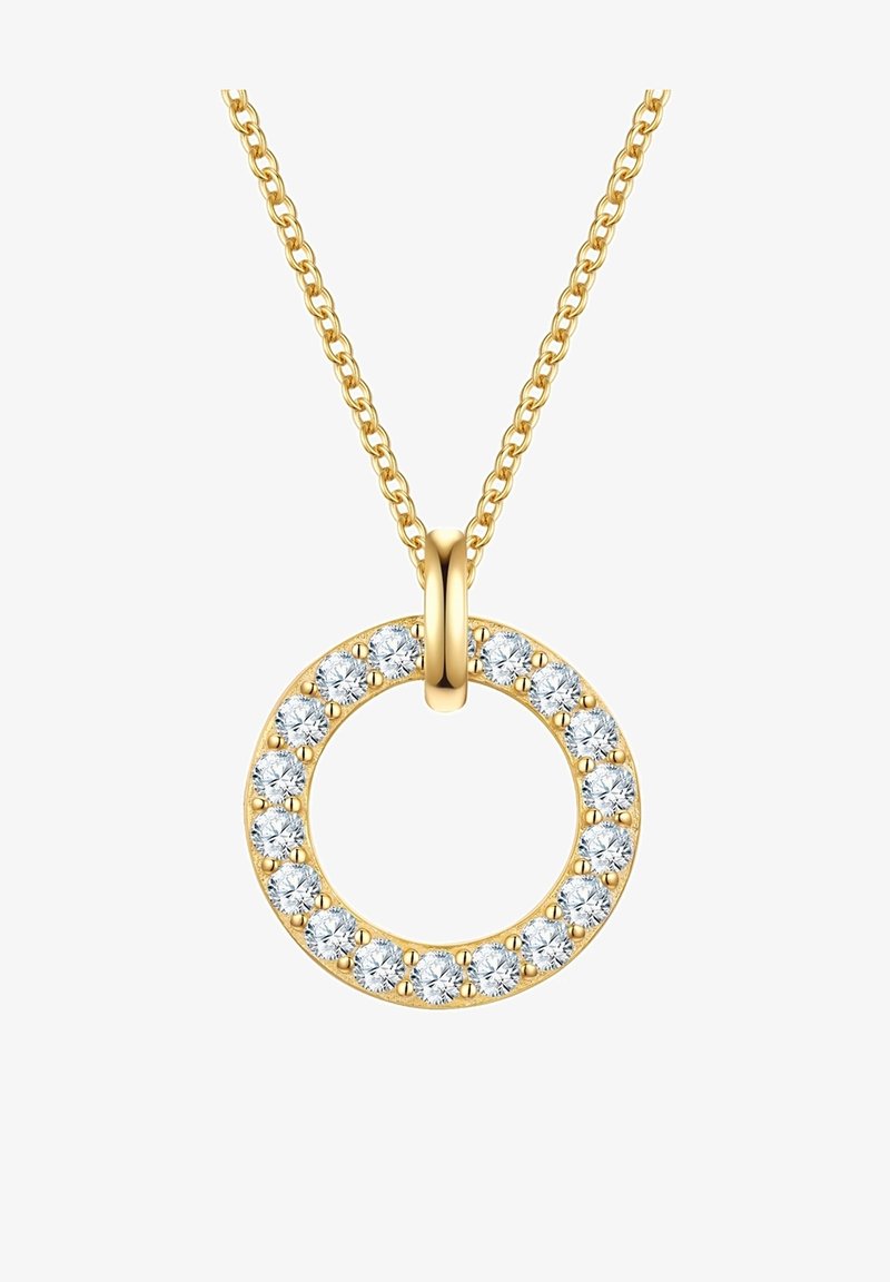 Kuldne kaelakee, millel on ümmargune ripats, mille äärtes on selged, faacetseeritud kivid, ripub kettide küljes.