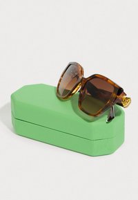 Ochelari de soare cu model țestoasă și lentile maro degrade se află deasupra unei cutii verzi pentru ochelari, de formă octogonală, cu o suprafață texturată.