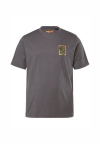 Šedé bavlněné tričko s kulatým výstřihem, krátkými rukávy a designem zeleného palmového listu v obdélníkovém oranžovém rámečku na hrudi.