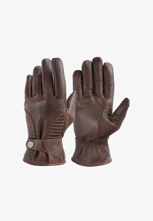 Gants en cuir marron avec des coutures structurées, des accents côtelés et une sangle au poignet dotée d'une fermeture à bouton-pression en métal. Texture lisse et design ajusté.