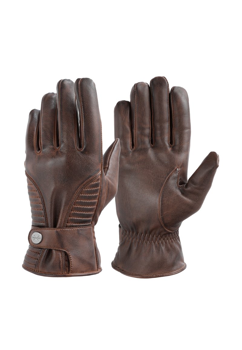 Smeđe kožne rukavice s strukturiranim šavovima, reljefnim detaljima i naramenicom s metalnim kopčom. Glatka tekstura i prilagodljiv dizajn.