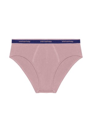 Light mauve brief-style underwear with navy blue elastic waistband featuring repeated "yamamay" logo in beige.