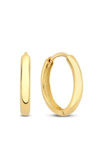 Goldene Creolen mit einer glatten, polierten Oberfläche, die ein nahtloses Design und einen sicheren Scharnierverschluss für einfaches Tragen aufweisen.