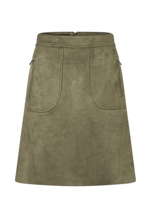 Olivengrüßer, aus Kunstsuede gefertigter Rock mit ausgestellter Form, zwei vorderen Taschen und einem Reißverschluss hinten. Glatte Textur und klares Design.