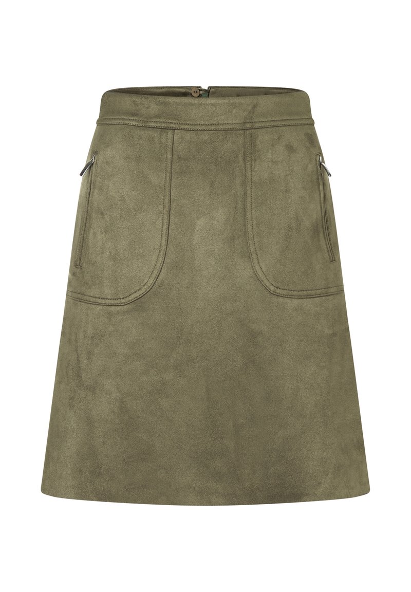 Olivengrüßer, aus Kunstsuede gefertigter Rock mit ausgestellter Form, zwei vorderen Taschen und einem Reißverschluss hinten. Glatte Textur und klares Design.
