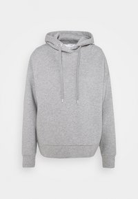 Sudadera gris de corte holgado, con cordones y un bolsillo tipo canguro. Fabricada en tejido suave, cuenta con puños y dobladillo acanalados.