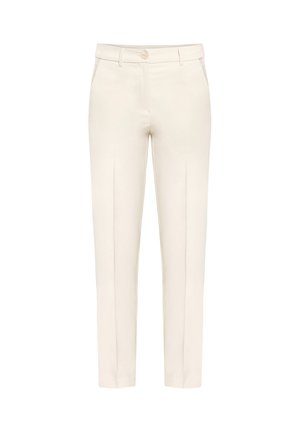 Cremefarbene, maßgeschneiderte Hosen mit vorderen Falten, Gürtelschlaufen, Seitentaschen und einem Knopfverschluss an der Taille.
