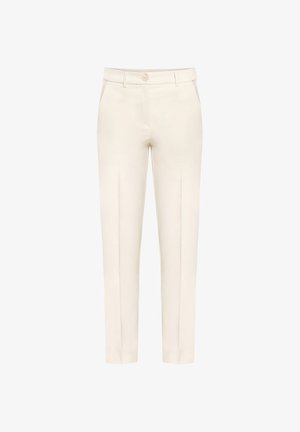 Krémové nohavice na mieru s prednými záhybmi, šľapkami na opasok, bočnými vreckami a zapínaním na gombík v páse.