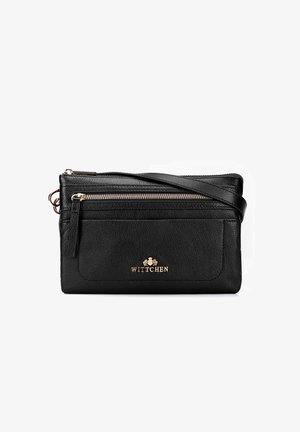 Borsa a tracolla nera in pelle con finitura testurizzata, dotata di zip e logo in tono oro. Include una tasca frontale con zip e tracolla.