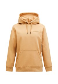 Hoodie in tan fleece met een voorpocket, geribbelde manchetten en details met een trekkoord. Voorzien van subtiele logo-embroidery op de borst.